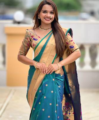 Rama paithani silk blend woven jacquard zari ethnic saree 3
