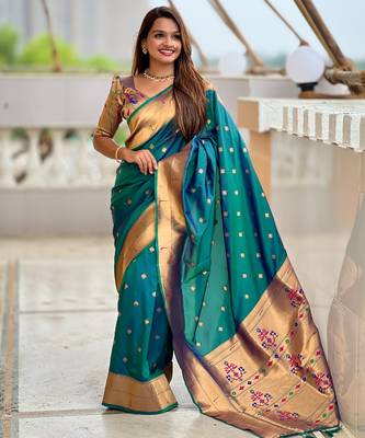 Rama paithani silk blend woven jacquard zari ethnic saree 4