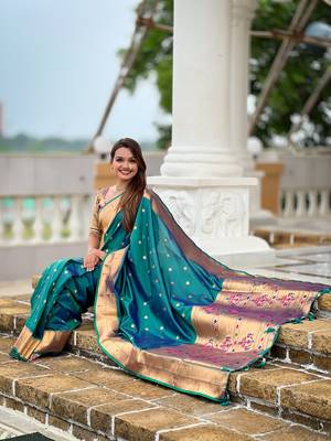 Rama paithani silk blend woven jacquard zari ethnic saree 5
