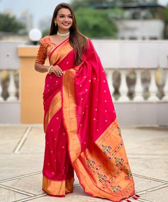 Pink paithani silk blend woven jacquard zari ethnic saree 1