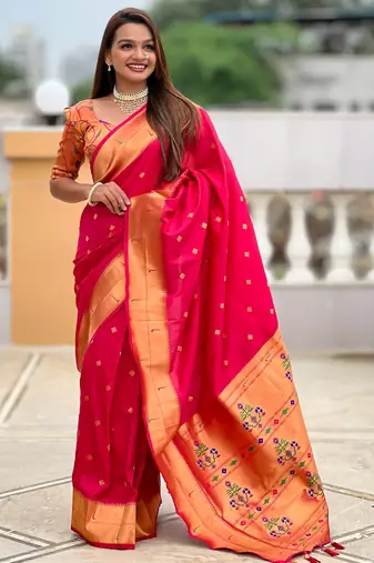 Pink color paithani silk woven jacquard jari designer ethnic saree