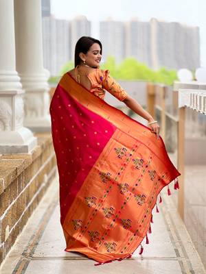 Pink paithani silk blend woven jacquard zari ethnic saree 2