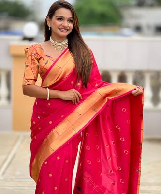 Pink paithani silk blend woven jacquard zari ethnic saree 3