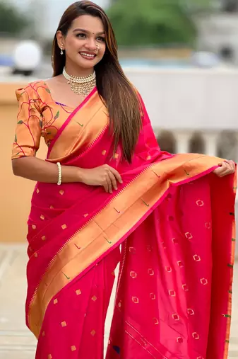 Pink paithani silk blend woven jacquard zari ethnic saree