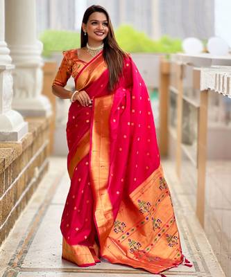 Pink paithani silk blend woven jacquard zari ethnic saree 4
