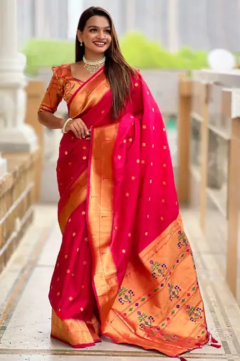 Pink paithani silk blend woven jacquard zari ethnic saree