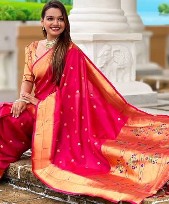 Pink paithani silk blend woven jacquard zari ethnic saree 5
