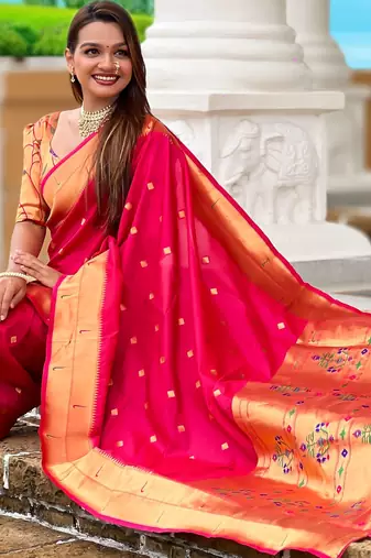 Pink paithani silk blend woven jacquard zari ethnic saree