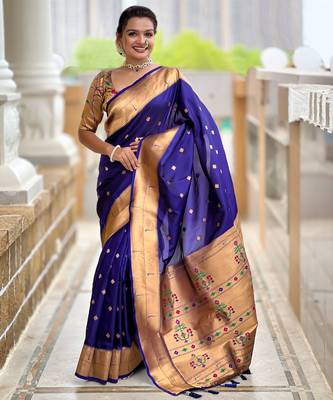 Violet paithani silk blend woven jacquard zari ethnic saree 1