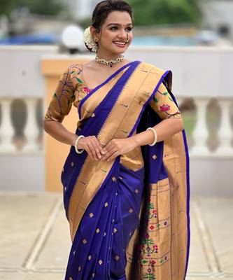 Violet paithani silk blend woven jacquard zari ethnic saree 3