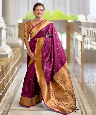 Wine paithani silk blend woven jacquard zari ethnic saree 1