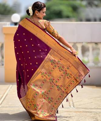 Wine paithani silk blend woven jacquard zari ethnic saree 2