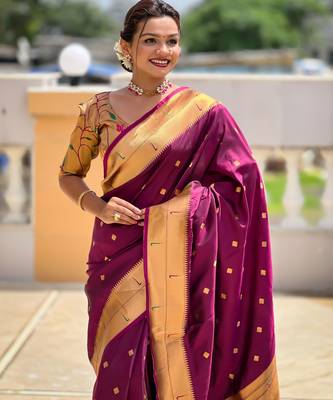 Wine paithani silk blend woven jacquard zari ethnic saree 3