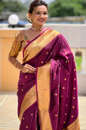 Wine paithani silk blend woven jacquard zari ethnic saree
