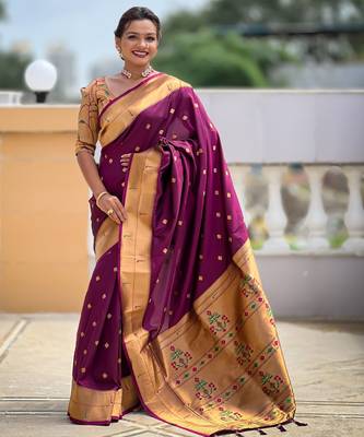 Wine paithani silk blend woven jacquard zari ethnic saree 4