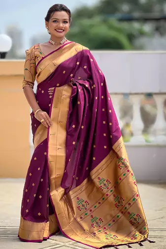 Wine paithani silk blend woven jacquard zari ethnic saree