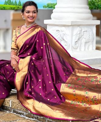 Wine paithani silk blend woven jacquard zari ethnic saree 5