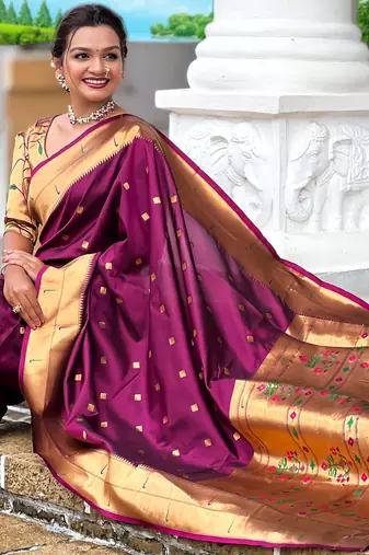 Wine paithani silk blend woven jacquard zari ethnic saree