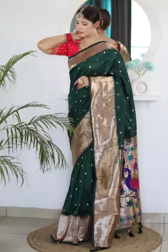 Green color paithani silk saree with beautiful festive looks