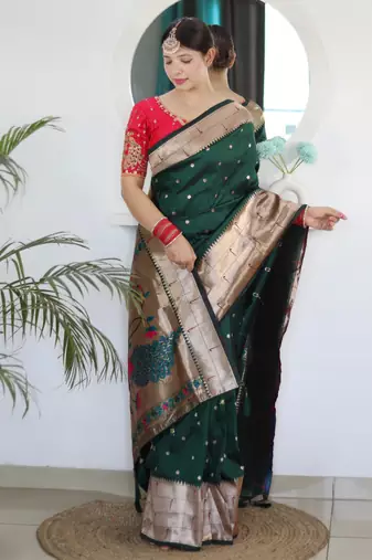 Green paithani silk blend saree with festive looks