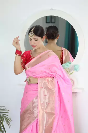 Pink paithani silk blend saree with festive looks