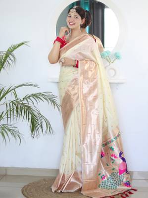 Cream paithani silk blend saree with festive looks 1