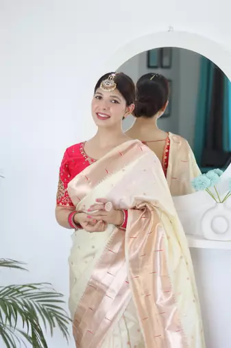 Cream paithani silk blend saree with festive looks