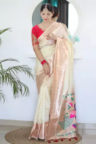 Cream paithani silk blend saree with festive looks