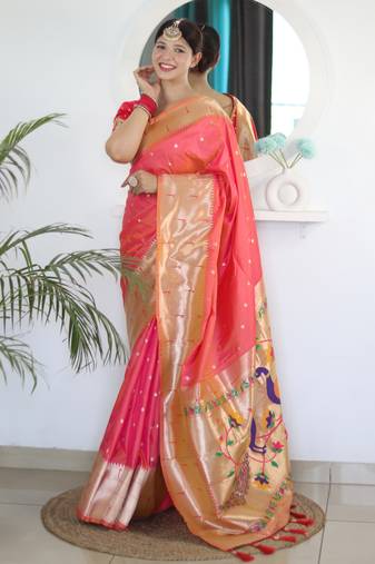 Gajri color paithani silk saree with beautiful festive looks