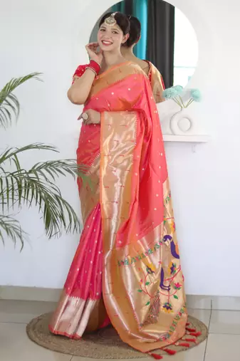 Gajri color paithani silk saree with beautiful festive looks
