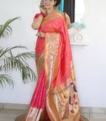 Gajri color paithani silk saree with beautiful festive looks