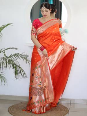 Orange paithani silk blend saree with festive looks 4