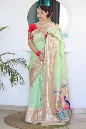 Pista color paithani silk saree with beautiful festive looks