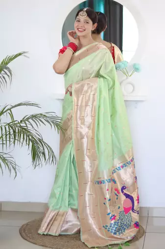 Pista paithani silk blend saree with festive looks
