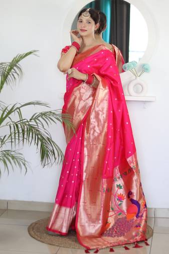 Pink color paithani silk saree with beautiful festive looks