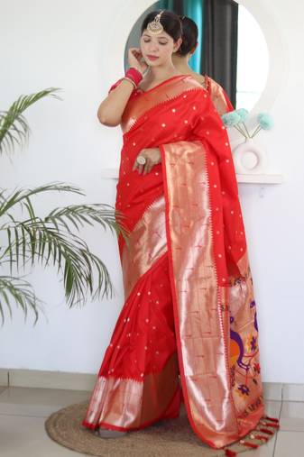 Red color paithani silk saree with beautiful festive looks