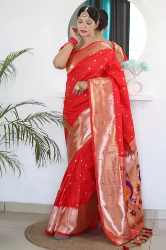 Red color paithani silk saree with beautiful festive looks