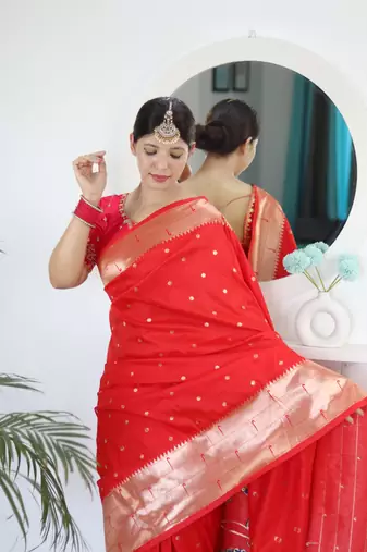 Red paithani silk blend saree with festive looks
