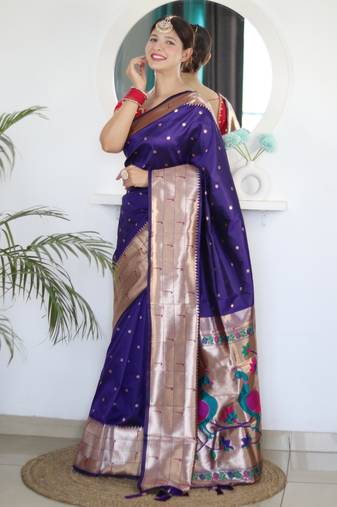 Violet color paithani silk saree with beautiful festive looks