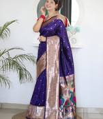 Violet color paithani silk saree with beautiful festive looks