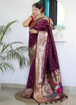Wine paithani silk blend saree with festive looks 1
