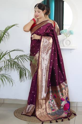 Wine color paithani silk saree with beautiful festive looks