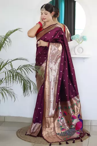 Wine color paithani silk saree with beautiful festive looks