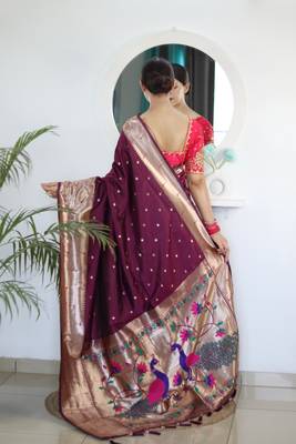 Wine paithani silk blend saree with festive looks 2