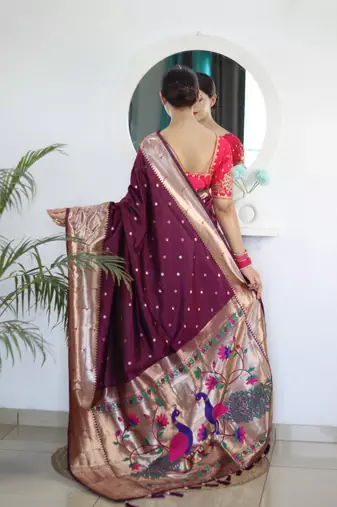 Wine paithani silk blend saree with festive looks