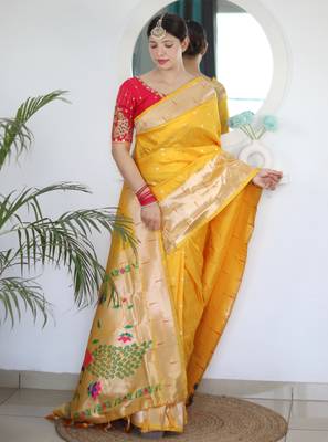 Yellow paithani silk blend saree with festive looks 1