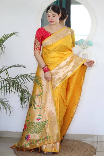 Yellow color paithani silk saree with beautiful festive looks
