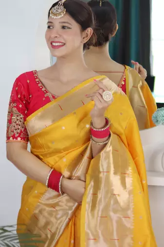 Yellow paithani silk blend saree with festive looks