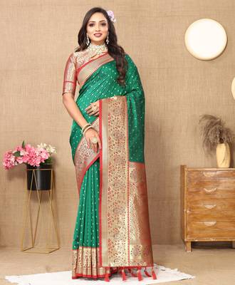 Green soft silk blend ethnic weaving jacquard partywear heavy saree 1