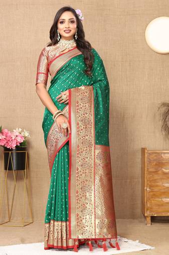 Green color soft silk fabric ethnic weaving jacquard designer partywear heavy saree